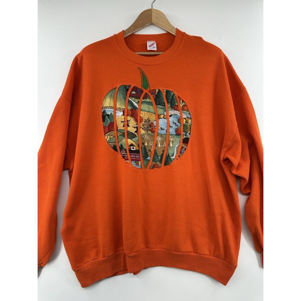 Vintage 90s Jerzees Orange Halloween Fall Pumpkin Sweatshirt Crewneck 3XL